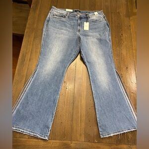 Judy Blue Mid Rise Raw Hem Flare Jeans with Peek-a-boo Slits